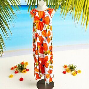 Liberty House Hawaiian Orange Floral Maxi Tiki Hostess Dress Ruffle Sleeve